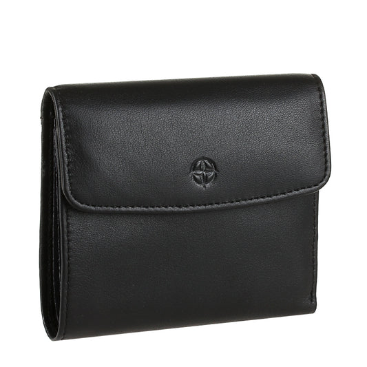 Open black leather bifold wallet with card slots and ID window — Tony Perotti Cortina 5087
