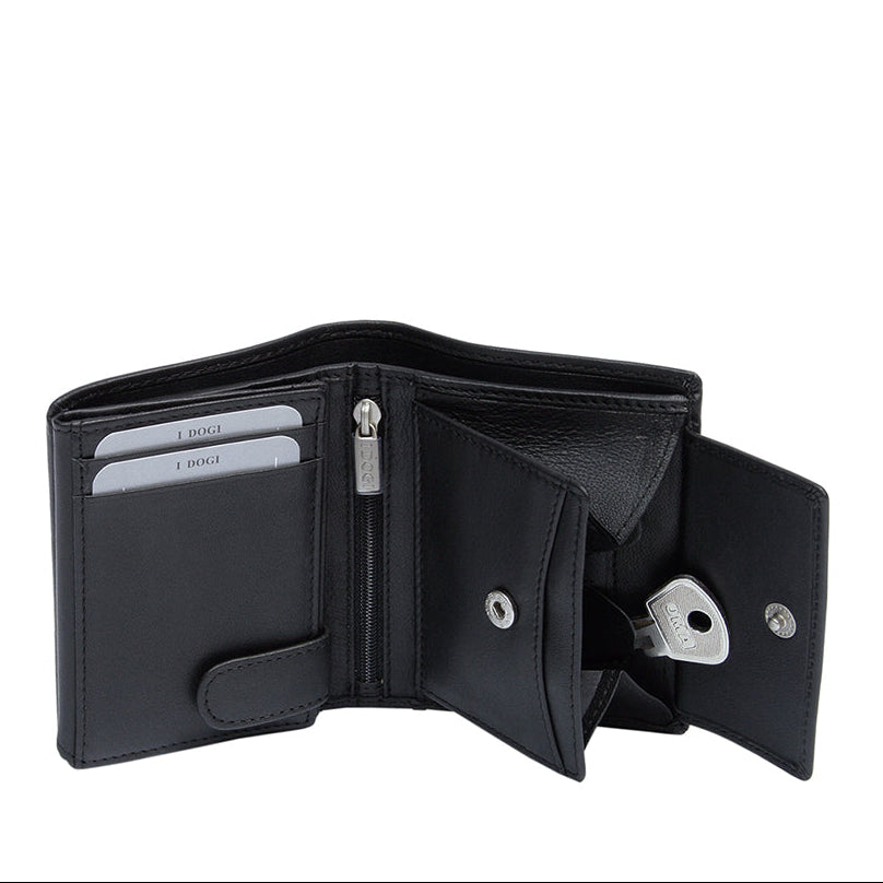 Tony Perotti Cortina 5054 nero opened with the coin pocket unsnapped — card slots, the zipped pocket and a key inside the pocket