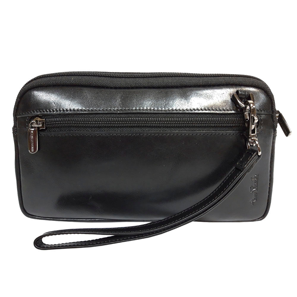 Back of the black Italico 9405 clutch — rear zip pocket, detachable wrist strap on a snap hook and embossed Tony Perotti signature
