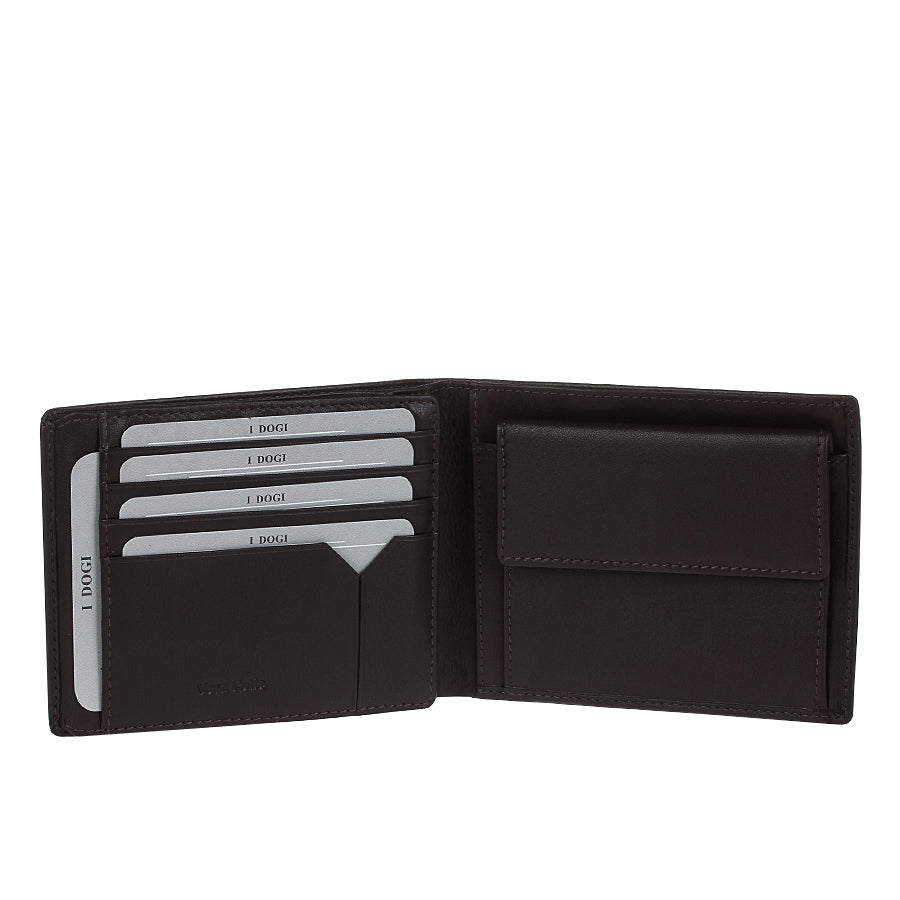 Tony Perotti Cortina 5036 opened — four card slots and a slip pocket on the left, the snap coin pocket on the right (dark brown colourway shown)