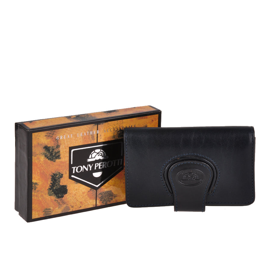 Navy blue Tony Perotti Accademia 1440 business card holder with its small branded Tony Perotti box