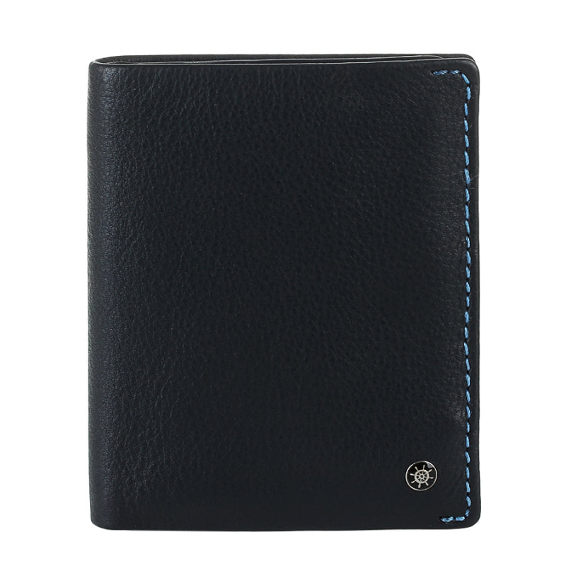 Tony Perotti Timone 11071 navy compact leather bifold wallet, front with ship's wheel emblem