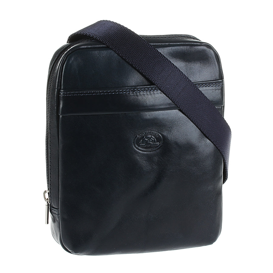 Angled view of the Tony Perotti Italico 6056 navy crossbody bag showing glossy full-grain bull leather