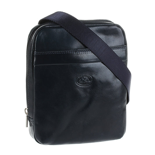 Angled view of the Tony Perotti Italico 6056 navy crossbody bag showing glossy full-grain bull leather