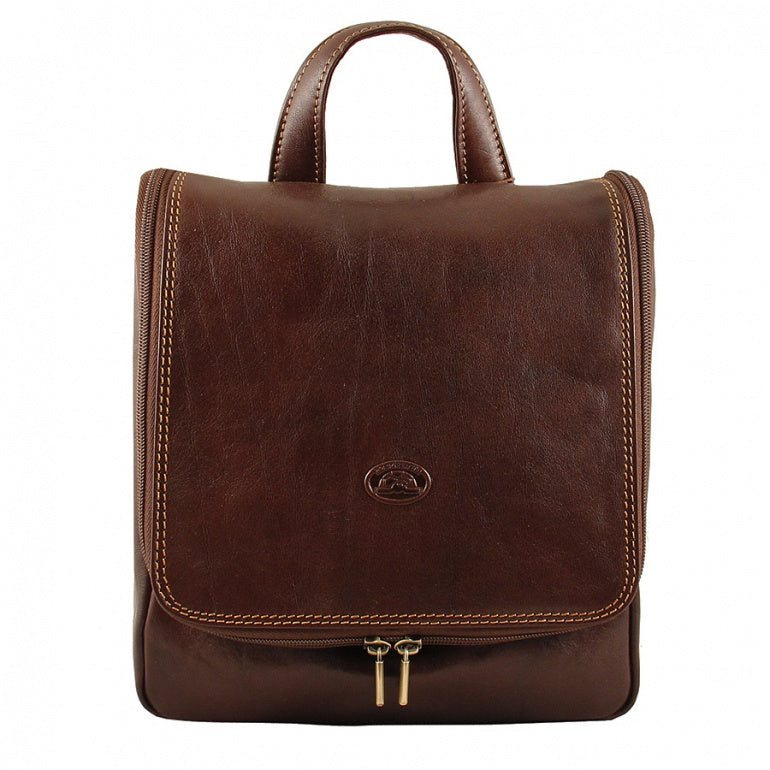 Tony Perotti Italico 8220 moro brown leather toiletry bag with hanging hook — closed front view
