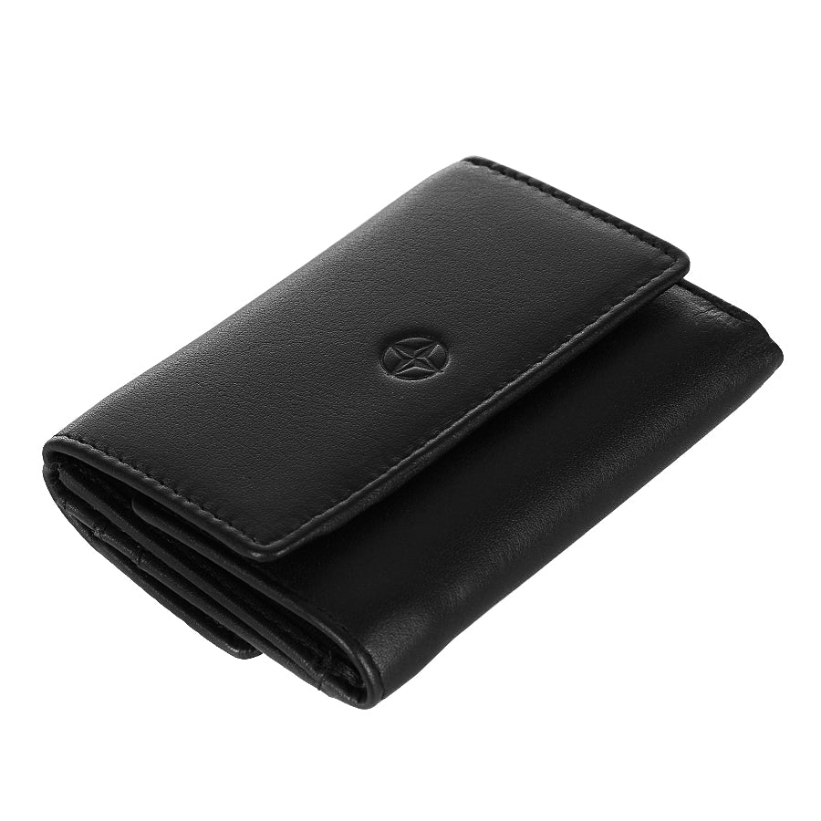 Black Tony Perotti Cortina 5056 wallet lying closed, seen from above — the flap and the layered folds