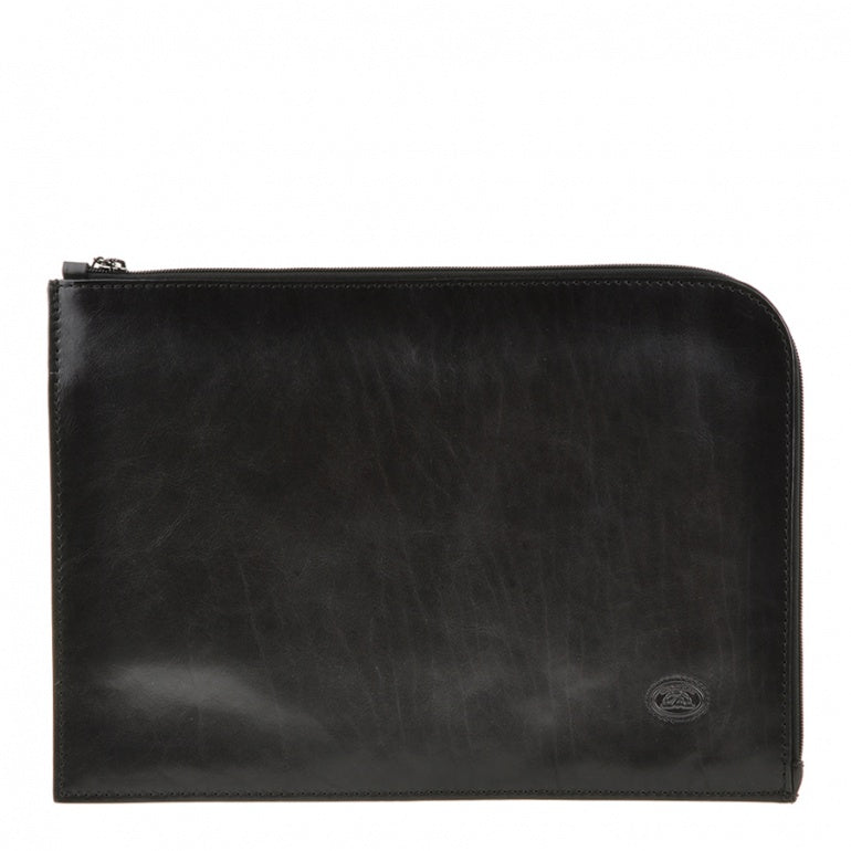Tony Perotti Italico 8017L black leather zip portfolio — front view with the zip along the top and side and the embossed turtle emblem