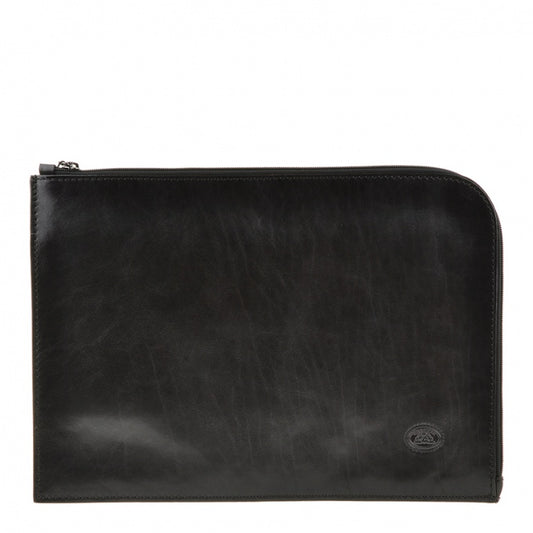 Tony Perotti Italico 8017L black leather zip portfolio — front view with the zip along the top and side and the embossed turtle emblem