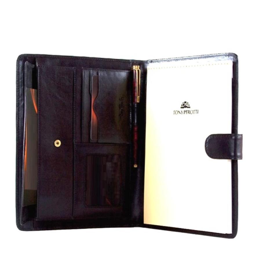 Black Italico 2590 opened — document pocket, card slots, clear window, pen and the Tony Perotti notepad