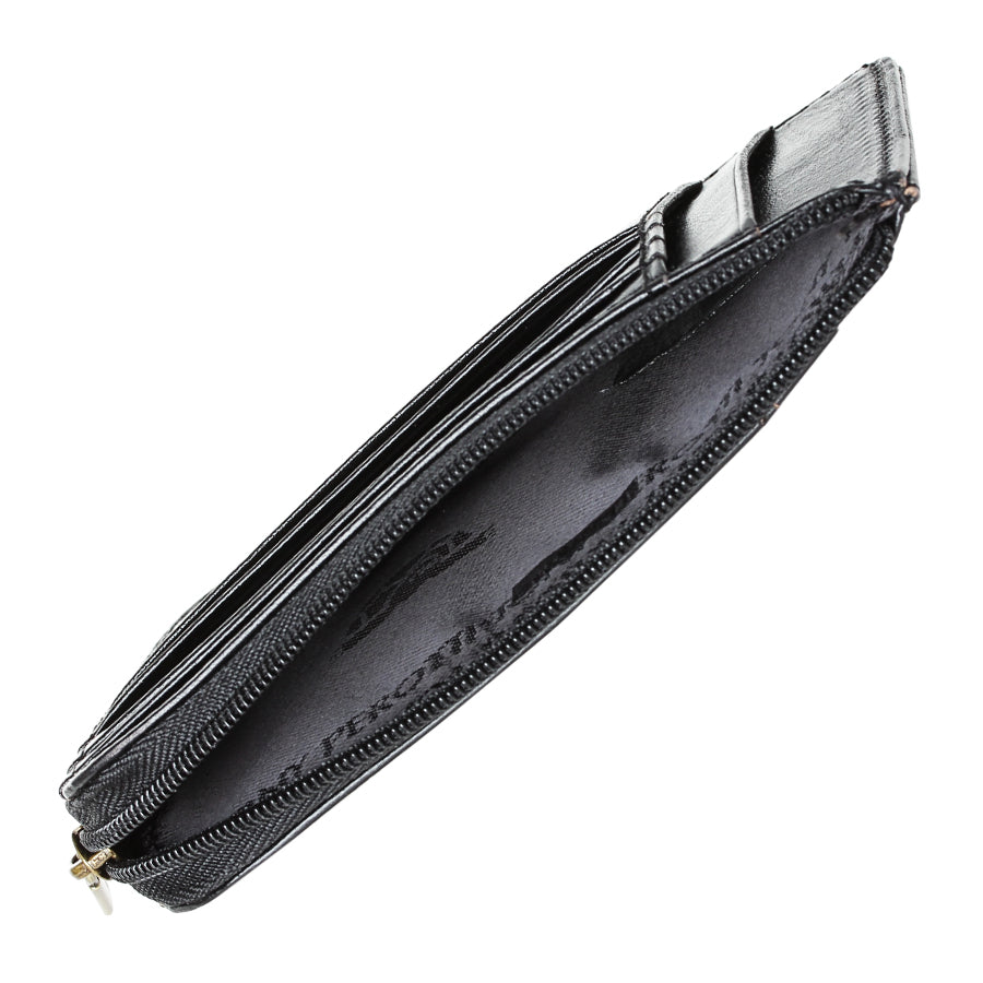 Black leather card holder unzipped showing lined interior pocket — Tony Perotti Italico 2275 nero