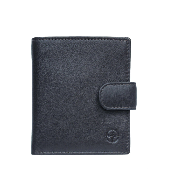 Tony Perotti Cortina 5071 navy blue calf leather bifold wallet with a leather snap strap — handcrafted in Italy