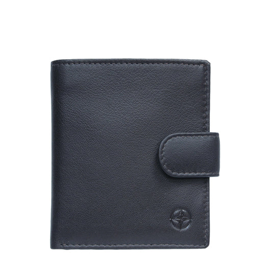 Tony Perotti Cortina 5071 navy blue calf leather bifold wallet with a leather snap strap — handcrafted in Italy