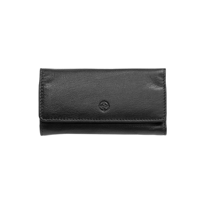 Tony Perotti Cortina 5022 nero — black leather trifold key case closed, compass-rose emblem embossed on the flap