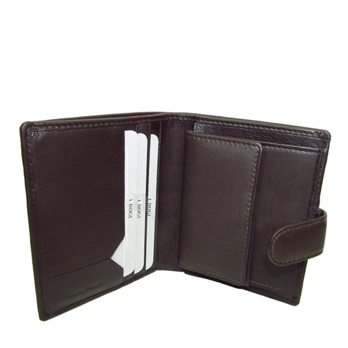 Dark brown Tony Perotti Cortina 5071 wallet open showing the snap coin pocket
