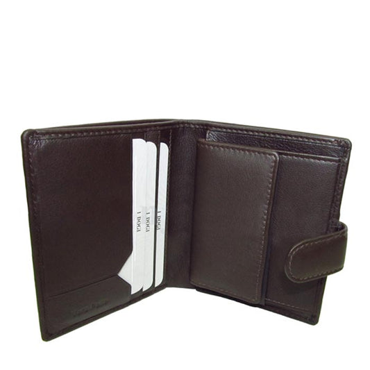 Dark brown Tony Perotti Cortina 5071 wallet open showing the snap coin pocket