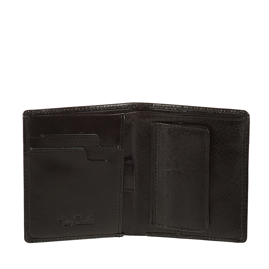 Tony Perotti Nevada 3504 nero wallet opened: 2 notched card slots, leather pull tab and flap pocket
