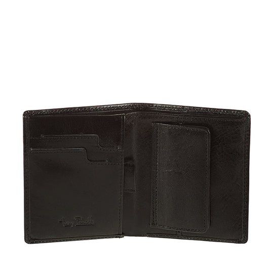 Tony Perotti Nevada 3504 nero wallet opened: 2 notched card slots, leather pull tab and flap pocket
