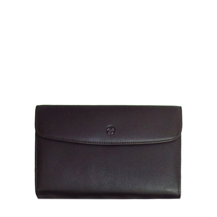 Dark brown Tony Perotti Cortina 5073 large flap wallet seen straight on, closed 