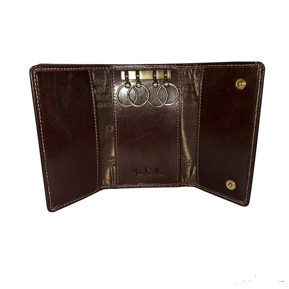 Dark brown leather key case open with four key rings and two snap studs — Tony Perotti Italico 2533 moro