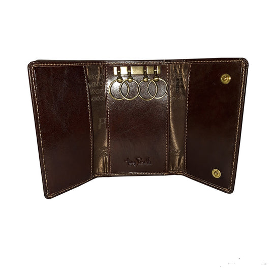 Dark brown leather key case open with four key rings and two snap studs — Tony Perotti Italico 2533 moro