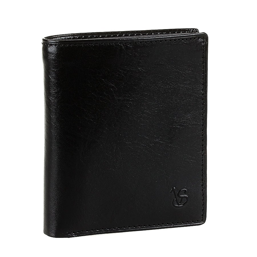 Tony Perotti Viasorte 1165 nero black leather wallet standing closed, three-quarter view