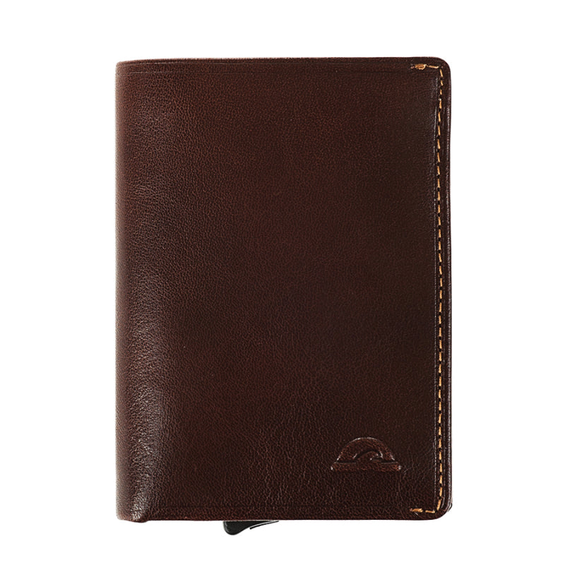 Dark brown leather RFID card holder Tony Perotti Nevada 3758 moro — front with embossed turtle emblem