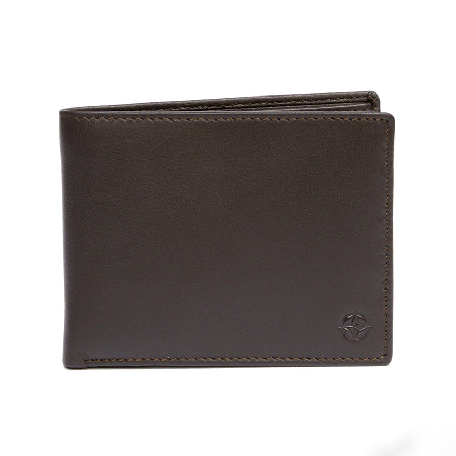 Dark brown Tony Perotti Cortina 5014 leather bifold wallet seen straight on, closed, with the embossed compass rose in the lower corner