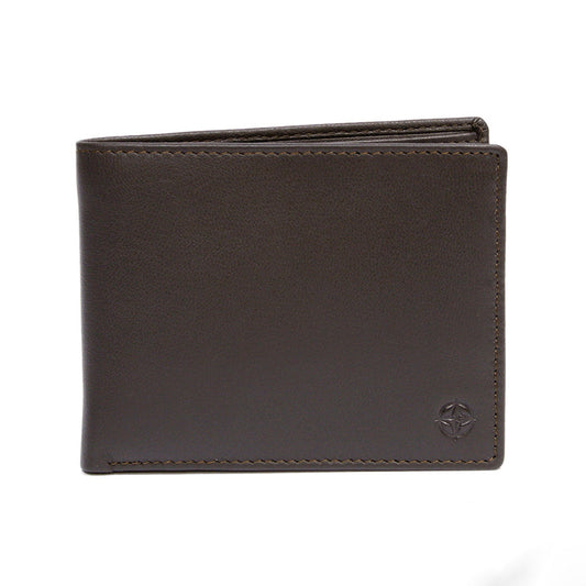 Dark brown Tony Perotti Cortina 5014 leather bifold wallet seen straight on, closed, with the embossed compass rose in the lower corner