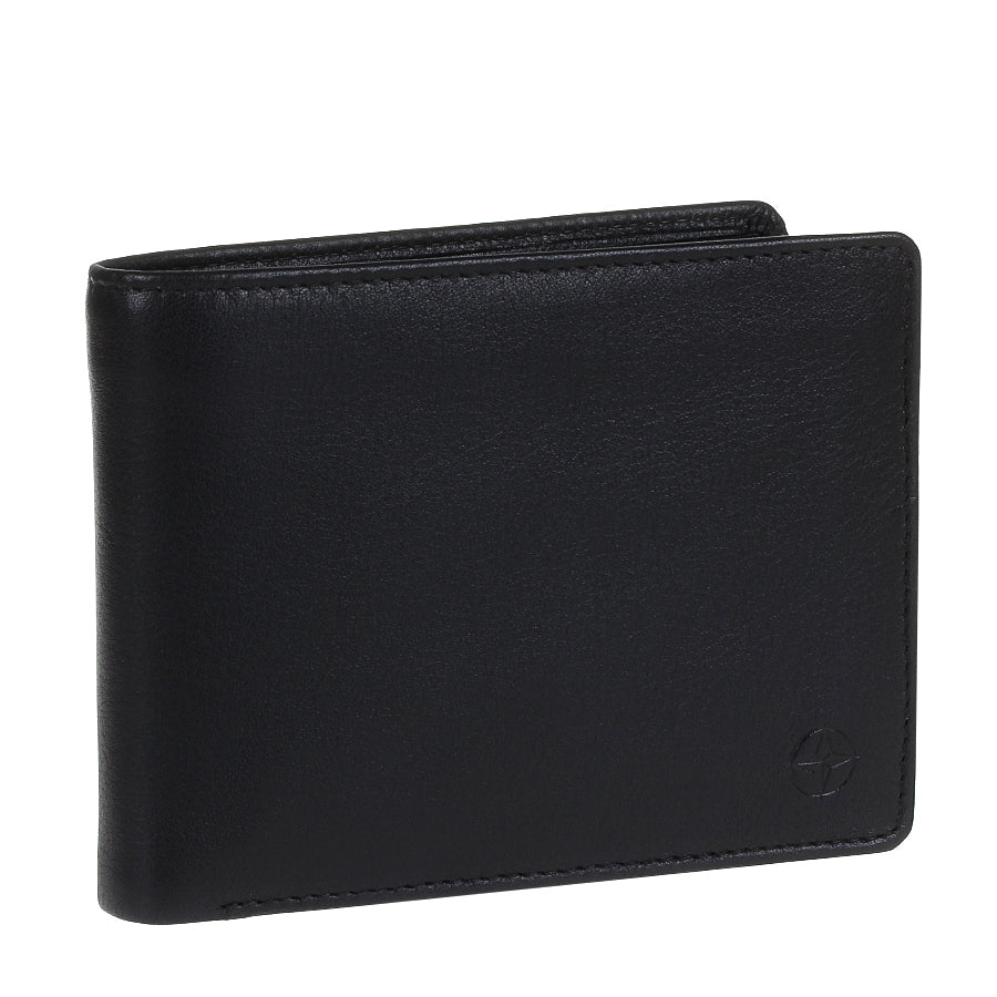 Black Tony Perotti Cortina 5053 bifold wallet standing at a three-quarter angle, closed