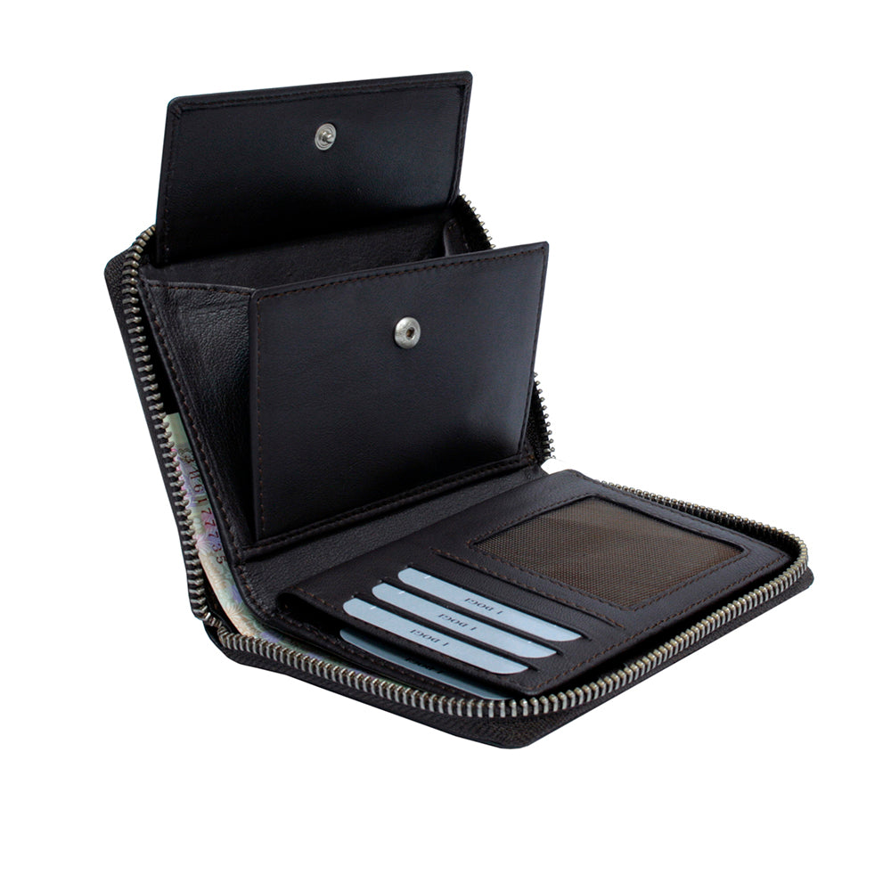 Tony Perotti Cortina 5086 moro opened with the coin pocket flap raised — the card slots, the document window and a banknote in the compartment behind