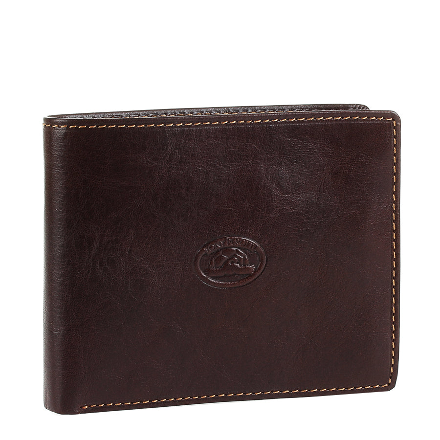 Dark brown leather bifold wallet Tony Perotti Italico 3620 moro — three-quarter view with embossed turtle emblem