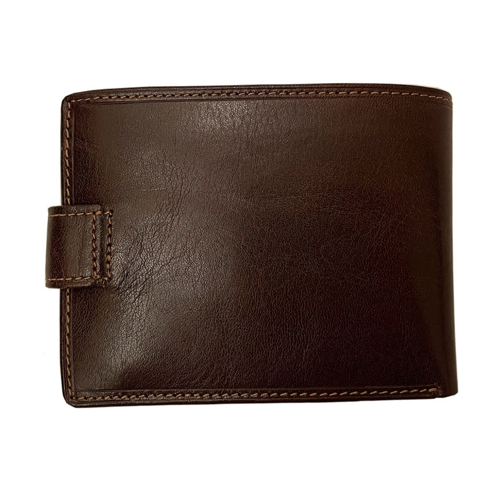Dark brown leather bifold wallet open flat — Tony Perotti Italico 396A-Q