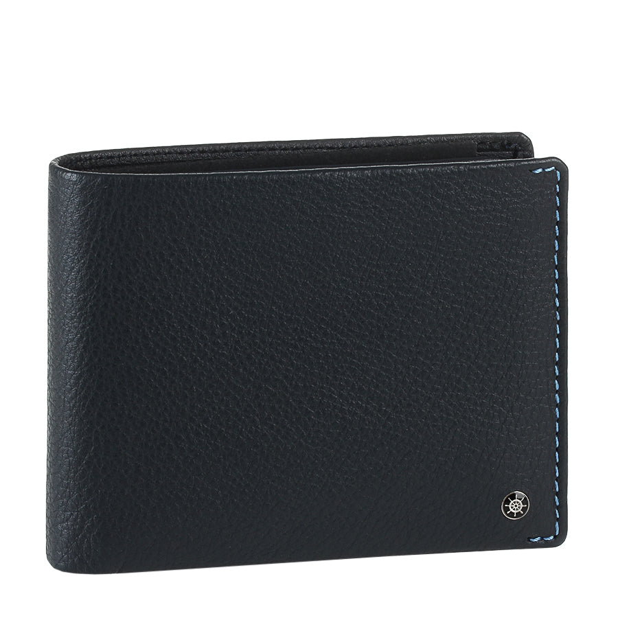 Tony Perotti Timone 11012 navy pebbled leather bifold wallet, three-quarter front view