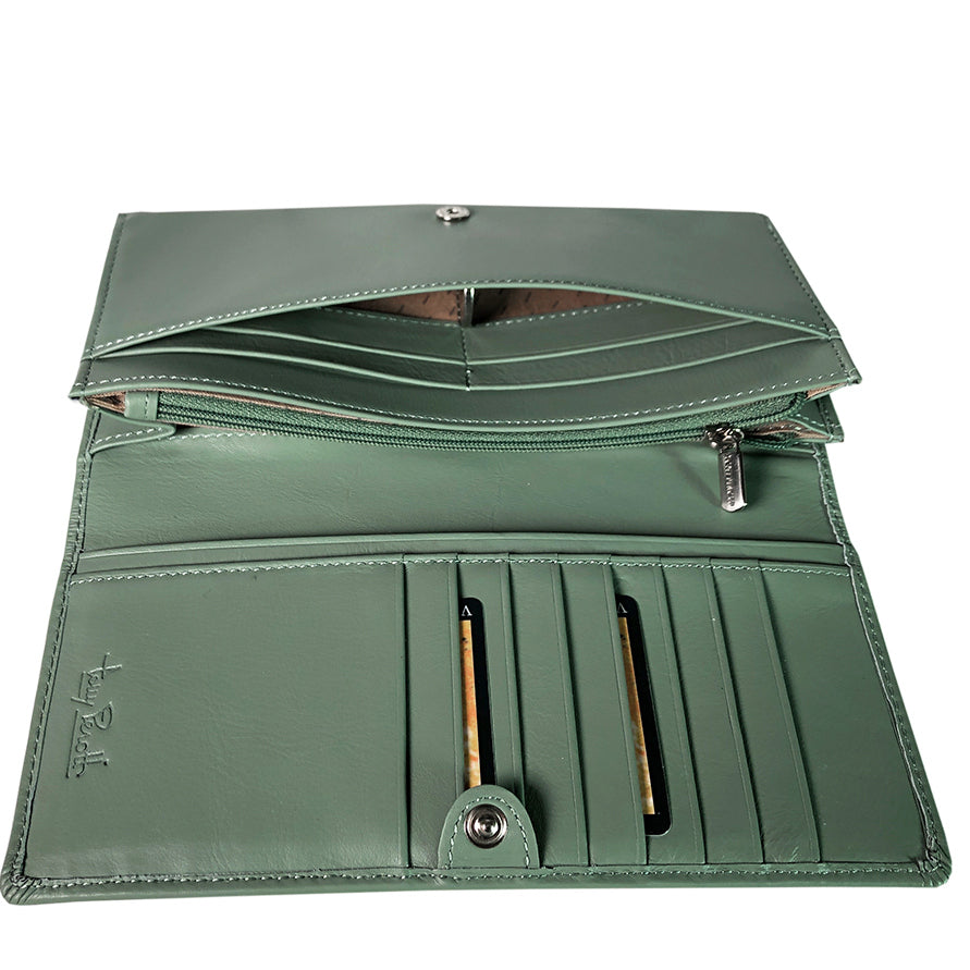 Green leather wallet with multiple compartments on a white background