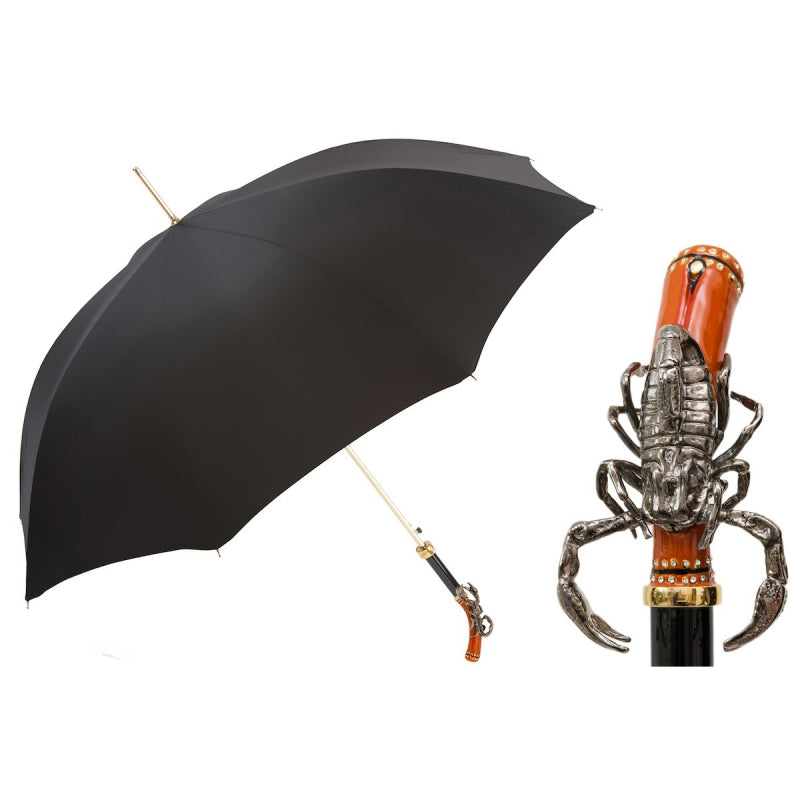 Pasotti men's black umbrella with scorpion handle and Swarovski crystals, open, with a close-up of the handle — 479 6768-1 K40