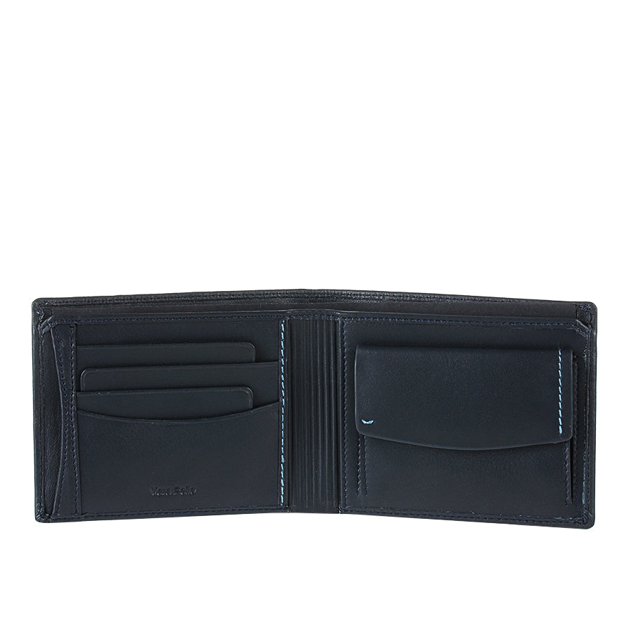 Open Tony Perotti Timone 11013G navy wallet with card slots, Vera Pelle stamp and flap coin pocket