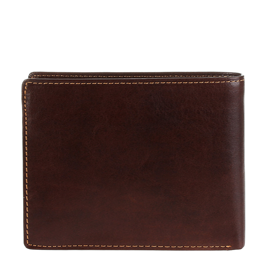 Open dark brown leather bifold wallet with card slots and coin pocket — Tony Perotti Italico 533