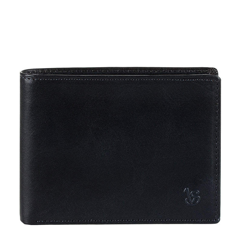Tony Perotti Viasorte 537 navy leather bifold wallet, front with debossed VS monogram