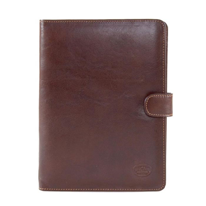 Tony Perotti Italico 2590 dark brown leather portfolio — front with the leather tab closure and the embossed turtle emblem