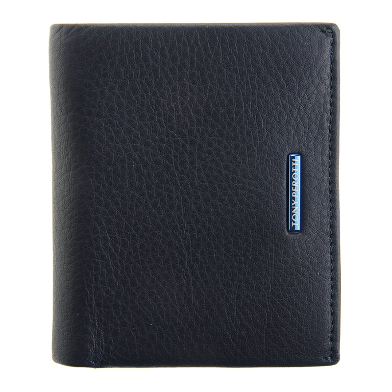 Navy pebbled leather compact wallet Tony Perotti New Contatto 3504 navy, front with blue TONY PEROTTI logo bar