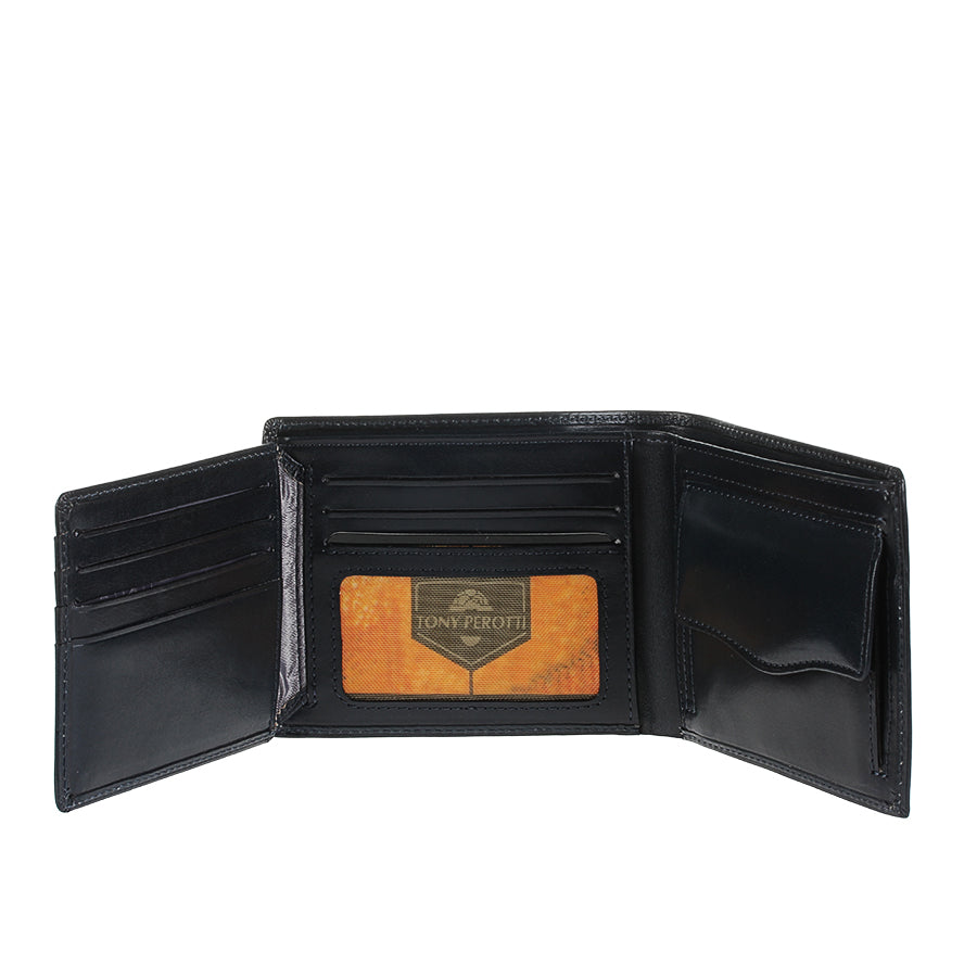 Navy blue leather bifold wallet Tony Perotti Italico 3620 navy — flip opened: card slots, mesh ID window, coin pocket