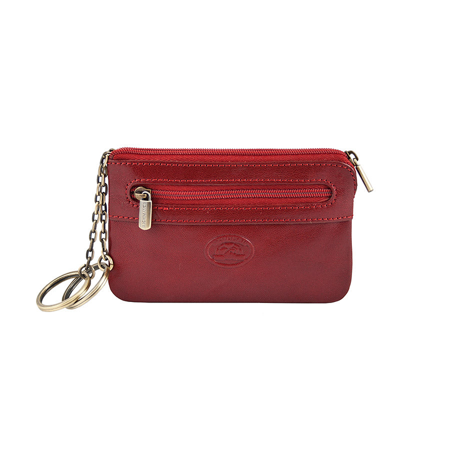 Red leather key pouch with two brass key rings on chains — Tony Perotti Italico 359 rosso