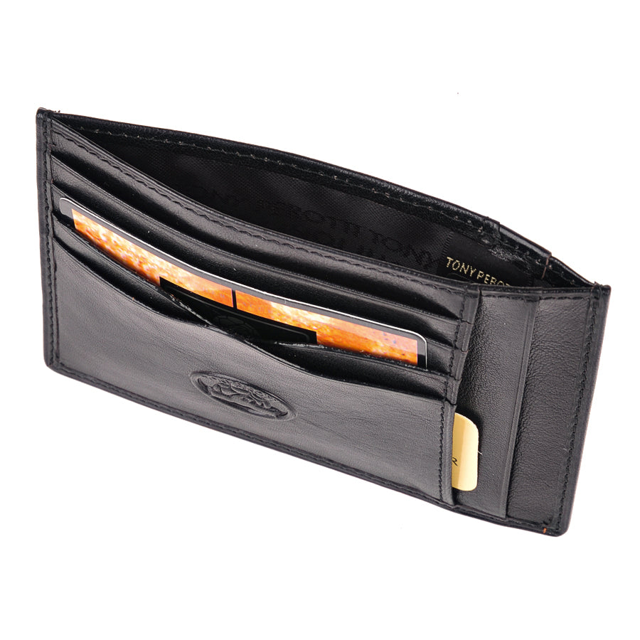 Black leather card holder open showing branded fabric lining — Tony Perotti Italico 2171 nero