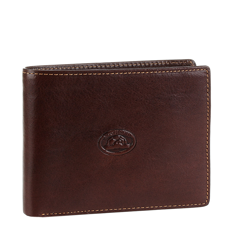 Dark brown leather bifold wallet fold-out flap with mesh ID window — Tony Perotti Italico 533