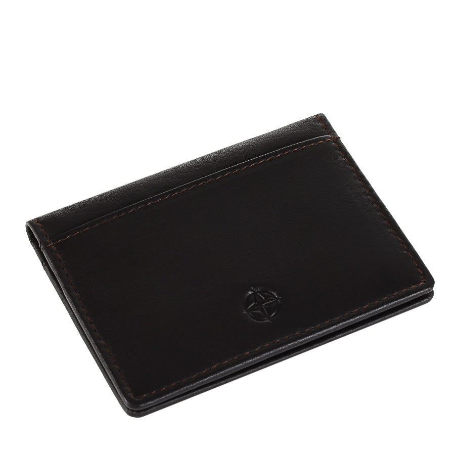 Tony Perotti Cortina 5046 moro — standing at an angle, showing how flat the folded wallet stays
