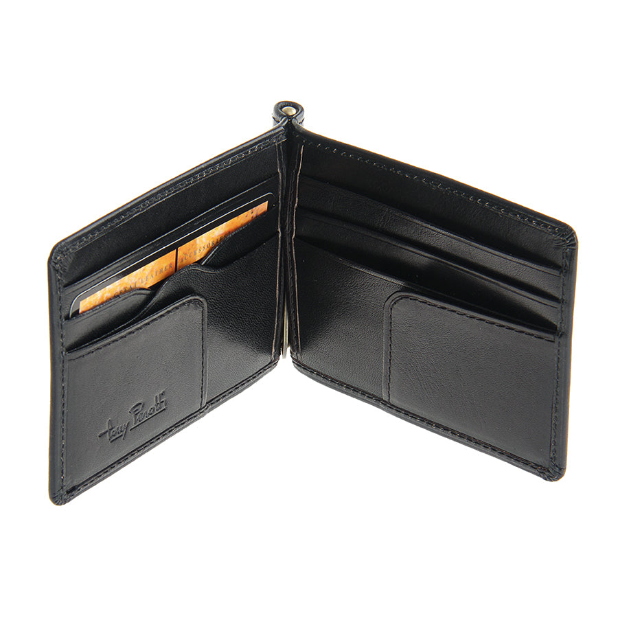 Tony Perotti Italico 2312 nero black leather money clip wallet open flat — card slots on both sides with a branded insert card and the embossed Tony Perotti signature