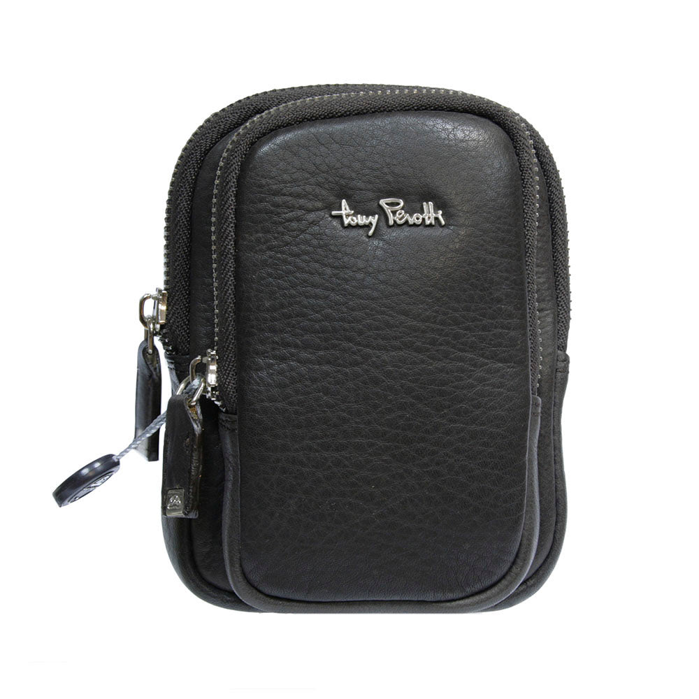 Angled view of the Contatto 9145-10.5 belt bag — the two zip compartments and the floater grain of the calf leather