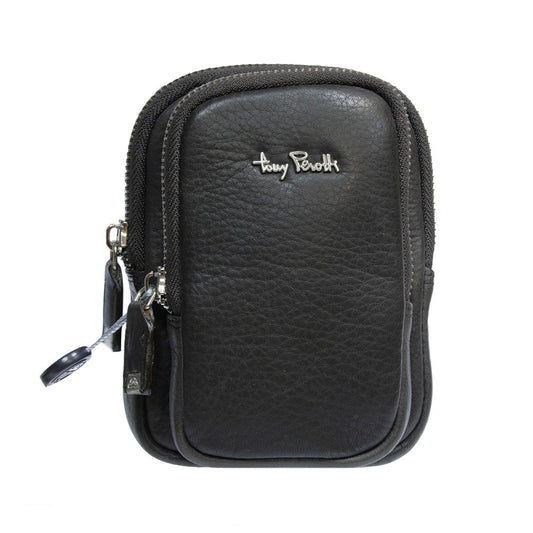 Angled view of the Contatto 9145-10.5 belt bag — the two zip compartments and the floater grain of the calf leather