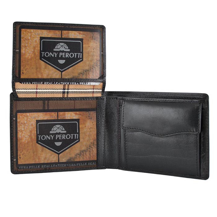 Black leather bifold wallet fold-out ID windows — Tony Perotti Italico 396
