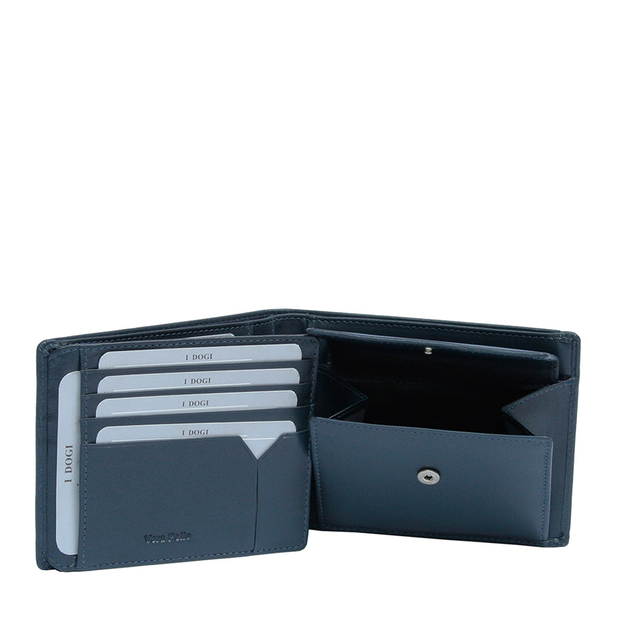 Tony Perotti Cortina 5036 navy opened — four card slots and a slip pocket on the left, the snap coin pocket open on the right
